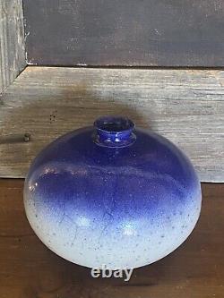 Vtg 1987 Raku Studio Pottery SIGNED Ed  Weed Pot Ceramic Bud Vase Blue White