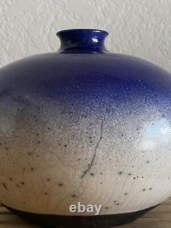 Vtg 1987 Raku Studio Pottery SIGNED Ed  Weed Pot Ceramic Bud Vase Blue White