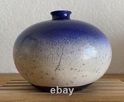 Vtg 1987 Raku Studio Pottery SIGNED Ed  Weed Pot Ceramic Bud Vase Blue White