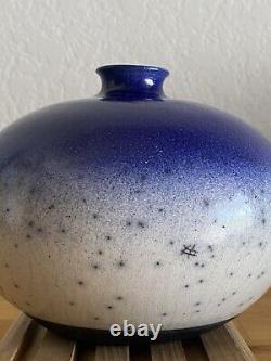 Vtg 1987 Raku Studio Pottery SIGNED Ed  Weed Pot Ceramic Bud Vase Blue White