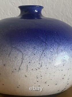 Vtg 1987 Raku Studio Pottery SIGNED Ed  Weed Pot Ceramic Bud Vase Blue White