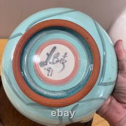 Vtg 1991 David Batz Signed Studio Pottery Bowl Postmodern Abstract Teal Pink 10