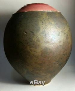 Vtg 1991 studio art pottery coppery raku vase gold lip rim pink signed NB NR NZ