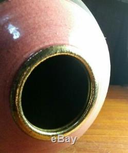 Vtg 1991 studio art pottery coppery raku vase gold lip rim pink signed NB NR NZ