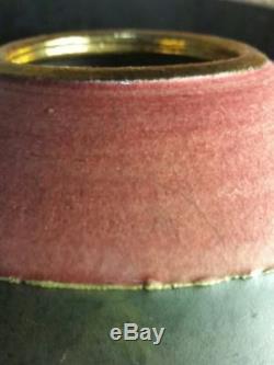 Vtg 1991 studio art pottery coppery raku vase gold lip rim pink signed NB NR NZ