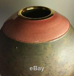 Vtg 1991 studio art pottery coppery raku vase gold lip rim pink signed NB NR NZ