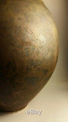 Vtg 1991 studio art pottery coppery raku vase gold lip rim pink signed NB NR NZ