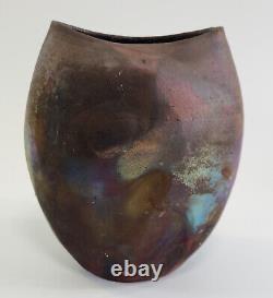 Vtg 1993 OVAL RAKU VASE Iridescent Glaze SIGNED Studio Pottery