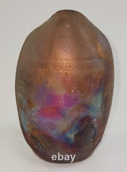 Vtg 1993 OVAL RAKU VASE Iridescent Glaze SIGNED Studio Pottery