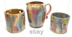 Vtg 2002 Art Pottery Pitcher Canister Kitchen Set Rainbow Drip Glaze Signed RPOE