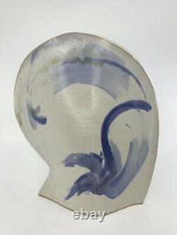 Vtg 80's Studio Pottery Ceramic Large Vase Abstract Floral Blue White Signed GC