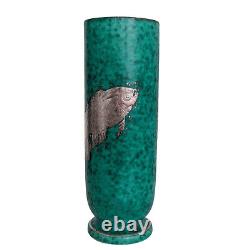 Vtg. Art Deco Wilhelm Kage GUSTAVSBERG ARGENTA VASE Sterling Silver Fish Overlay