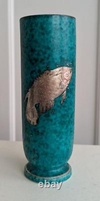 Vtg. Art Deco Wilhelm Kage GUSTAVSBERG ARGENTA VASE Sterling Silver Fish Overlay