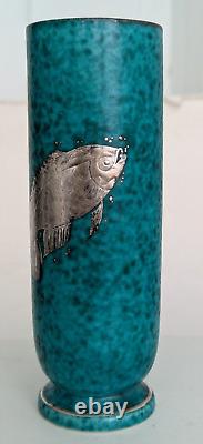 Vtg. Art Deco Wilhelm Kage GUSTAVSBERG ARGENTA VASE Sterling Silver Fish Overlay