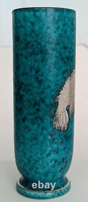 Vtg. Art Deco Wilhelm Kage GUSTAVSBERG ARGENTA VASE Sterling Silver Fish Overlay