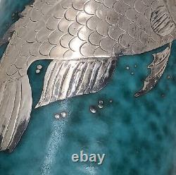 Vtg. Art Deco Wilhelm Kage GUSTAVSBERG ARGENTA VASE Sterling Silver Fish Overlay