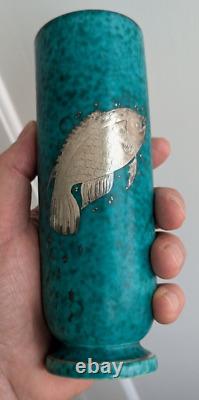 Vtg. Art Deco Wilhelm Kage GUSTAVSBERG ARGENTA VASE Sterling Silver Fish Overlay