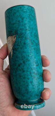 Vtg. Art Deco Wilhelm Kage GUSTAVSBERG ARGENTA VASE Sterling Silver Fish Overlay