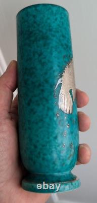 Vtg. Art Deco Wilhelm Kage GUSTAVSBERG ARGENTA VASE Sterling Silver Fish Overlay
