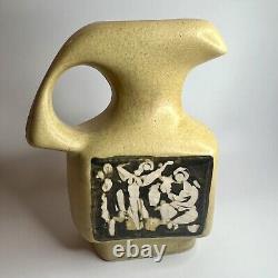 Vtg Art Pottery Brutalist Handled Vase With Abstract Panels Of People & Town 7