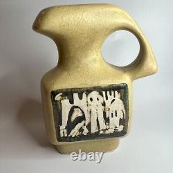 Vtg Art Pottery Brutalist Handled Vase With Abstract Panels Of People & Town 7