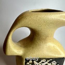 Vtg Art Pottery Brutalist Handled Vase With Abstract Panels Of People & Town 7