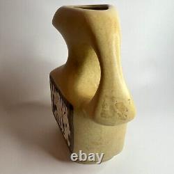 Vtg Art Pottery Brutalist Handled Vase With Abstract Panels Of People & Town 7