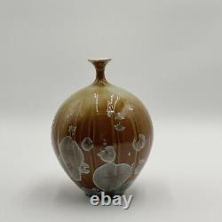 Vtg Crystalline Vase Signed Studio Art Pottery 8 Ribbed Blue Beige Unique Neck