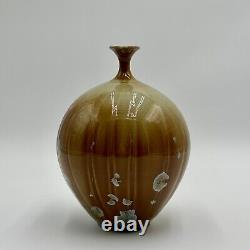 Vtg Crystalline Vase Signed Studio Art Pottery 8 Ribbed Blue Beige Unique Neck