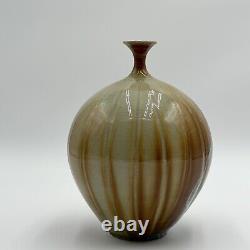 Vtg Crystalline Vase Signed Studio Art Pottery 8 Ribbed Blue Beige Unique Neck