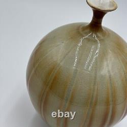 Vtg Crystalline Vase Signed Studio Art Pottery 8 Ribbed Blue Beige Unique Neck