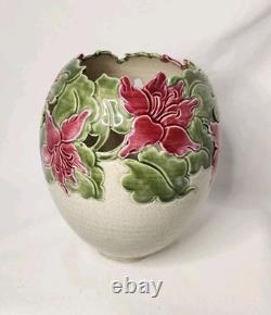 Vtg Kathy Smallwood Studio Art Pottery Vase with Floral Cutout Accents 1989