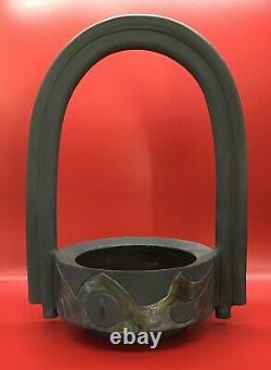 Vtg Large studio pottery Signed raku mid century black handled basket ikebana