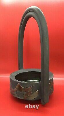 Vtg Large studio pottery Signed raku mid century black handled basket ikebana