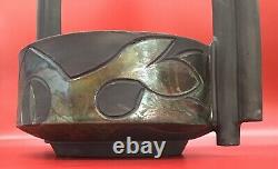 Vtg Large studio pottery Signed raku mid century black handled basket ikebana