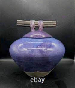 Vtg MARK HINES Studio RAKU Art Pottery XLG Lidded Vessel PURPLE! 11½x11½