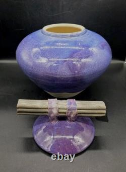Vtg MARK HINES Studio RAKU Art Pottery XLG Lidded Vessel PURPLE! 11½x11½