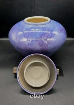 Vtg MARK HINES Studio RAKU Art Pottery XLG Lidded Vessel PURPLE! 11½x11½