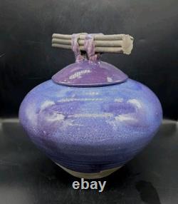 Vtg MARK HINES Studio RAKU Art Pottery XLG Lidded Vessel PURPLE! 11½x11½