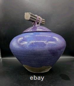 Vtg MARK HINES Studio RAKU Art Pottery XLG Lidded Vessel PURPLE! 11½x11½