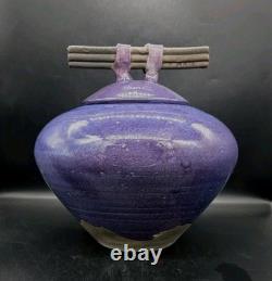 Vtg MARK HINES Studio RAKU Art Pottery XLG Lidded Vessel PURPLE! 11½x11½