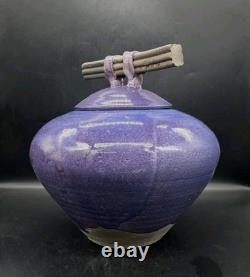 Vtg MARK HINES Studio RAKU Art Pottery XLG Lidded Vessel PURPLE! 11½x11½