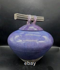 Vtg MARK HINES Studio RAKU Art Pottery XLG Lidded Vessel PURPLE! 11½x11½