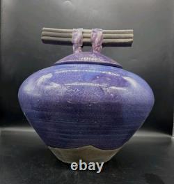 Vtg MARK HINES Studio RAKU Art Pottery XLG Lidded Vessel PURPLE! 11½x11½