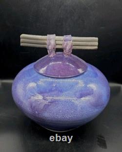Vtg MARK HINES Studio RAKU Art Pottery XLG Lidded Vessel PURPLE! 11½x11½