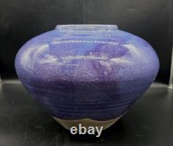 Vtg MARK HINES Studio RAKU Art Pottery XLG Lidded Vessel PURPLE! 11½x11½