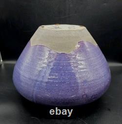 Vtg MARK HINES Studio RAKU Art Pottery XLG Lidded Vessel PURPLE! 11½x11½