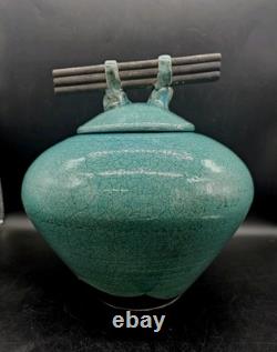 Vtg MARK HINES Studio RAKU Art Pottery XLG Lidded Vessel Turquoise 12x12
