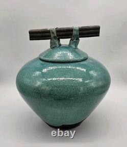 Vtg MARK HINES Studio RAKU Art Pottery XLG Lidded Vessel Turquoise 12x12
