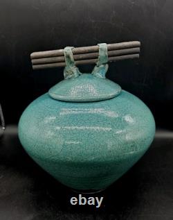 Vtg MARK HINES Studio RAKU Art Pottery XLG Lidded Vessel Turquoise 12x12